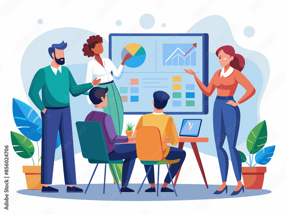 Office team brainstorming on a large screen