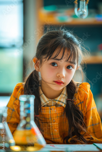 A young girl with pigtails and a plaid dress, seated at a desk, gazing curiously in a bright classroom environment.
