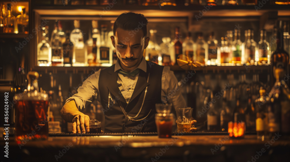 A prohibition-era bartender in a hidden speakeasy, discreetly serving illicit drinks in a dimly lit room