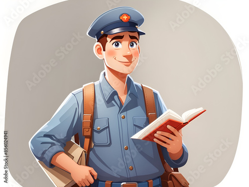 Postman, mailman, postal carrier in uniform and cap carrying messenger bag and letter in envelope. Concept of express mail delivery service. Modern flat colorful. illustration.