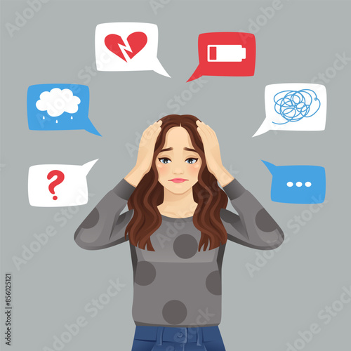 Young frustrated upset sad young woman vector illustration on grey background