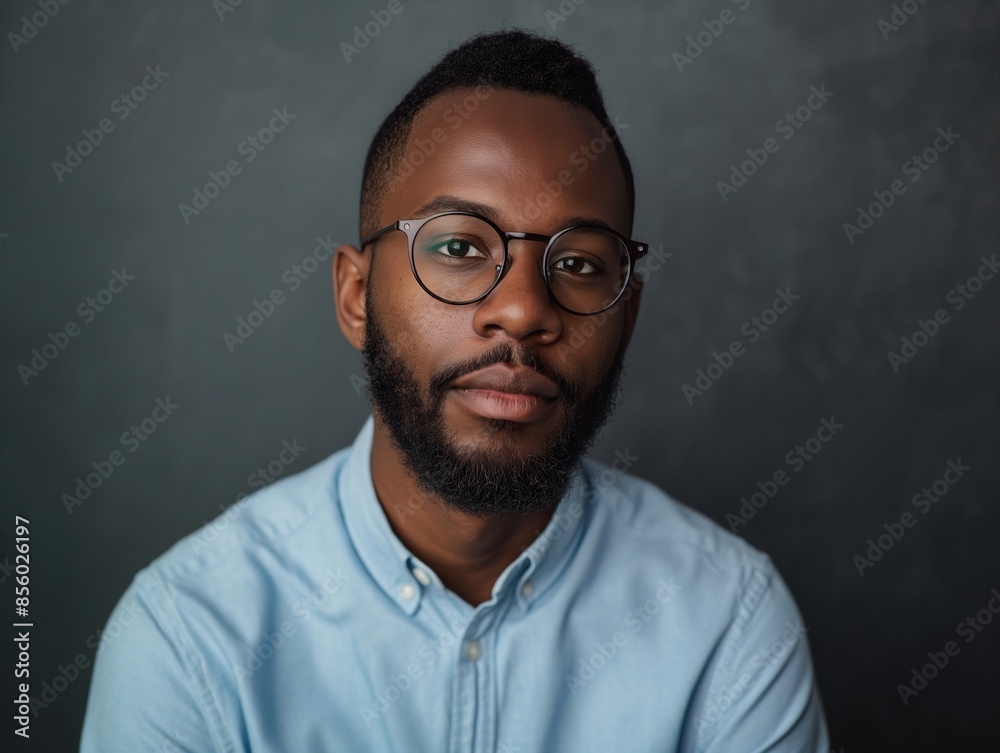 Obraz premium A portrait of an African American man with short hair and beard, wearing glasses, looking directly at the camera against a dark grey background.
