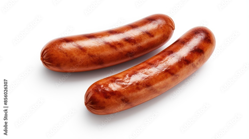 Two grilled sausages isolated on white background. Two grilled sausages isolated on white background.