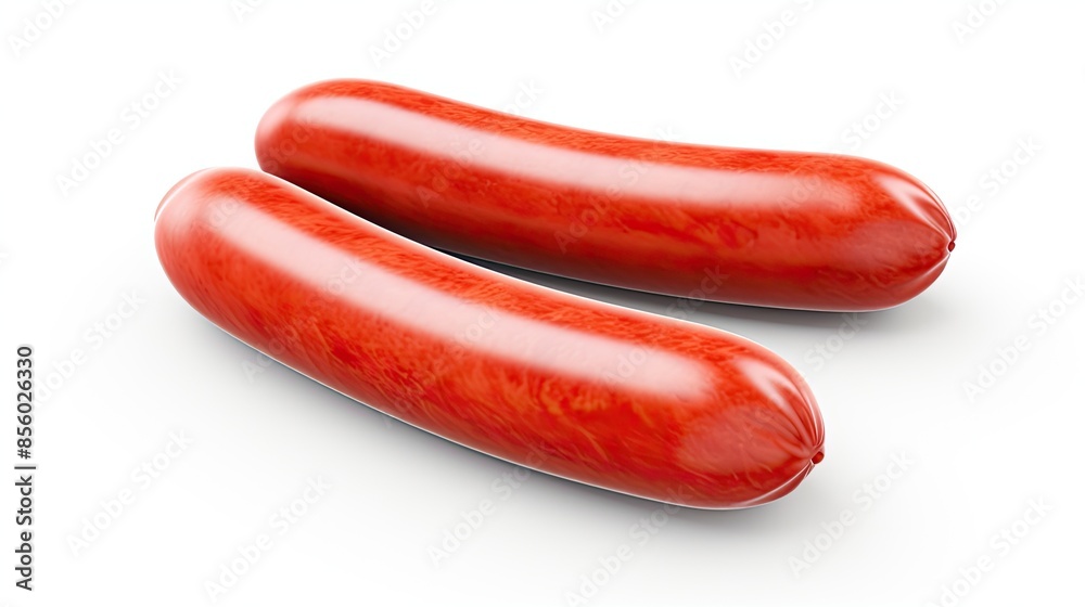 Two juicy sausages on a white background. The sausages are plump and have a delicious-looking red color. They are perfect for grilling or frying. Two juicy sausages on a white background. The sausages are plump and have a delicious-looking red color. They are perfect for grilling or frying.