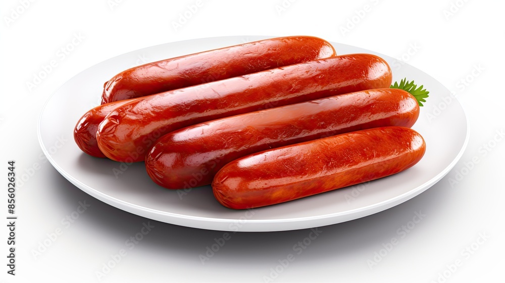 Four delicious sausages on a white plate. The sausages are plump and juicy, and they are grilled to perfection. Four delicious sausages on a white plate. The sausages are plump and juicy, and they are grilled to perfection.