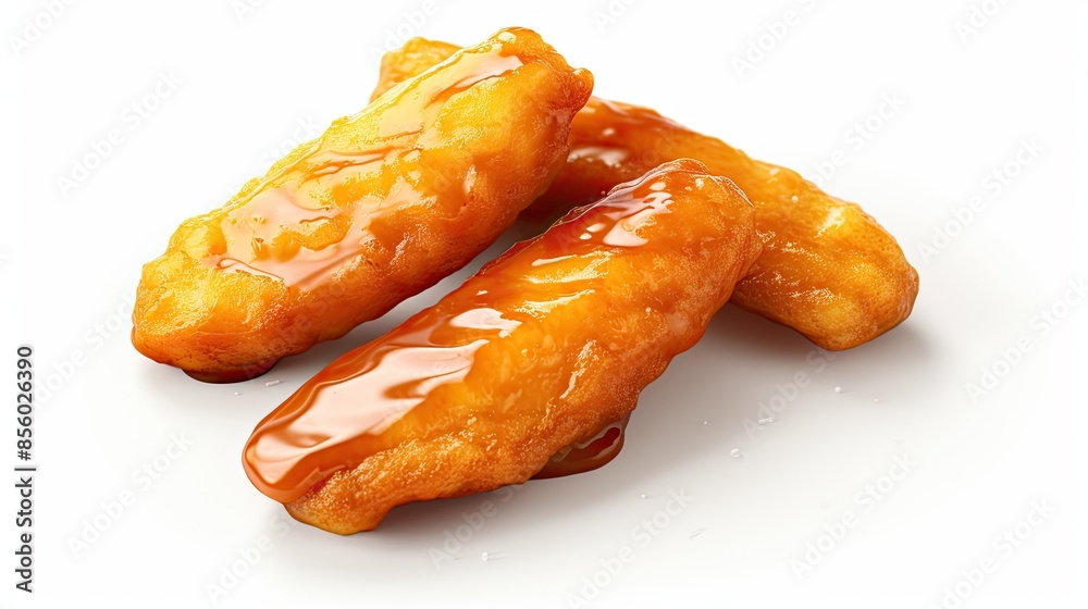 Three golden fried chicken strips laying on a white background. The chicken is crispy and looks delicious. Three golden fried chicken strips laying on a white background. The chicken is crispy and looks delicious.