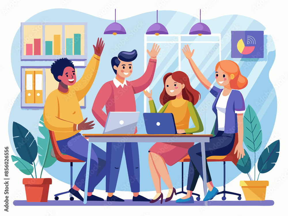Colleagues in a meeting room, high-fiving each other after a successful project pitch