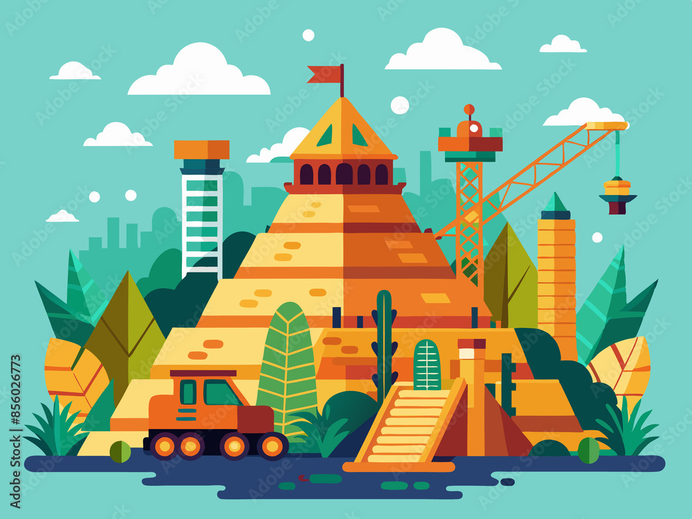 Obraz premium An ancient pyramid with modern construction equipment around