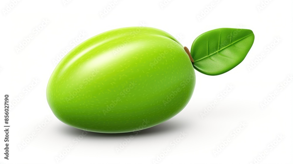 3D rendering of a green plum with leaf isolated on white background. 3D rendering of a green plum with leaf isolated on white background.