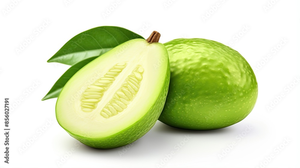 A green guava fruit cut in half with a green leaf isolated on a white background. A green guava fruit cut in half with a green leaf isolated on a white background.