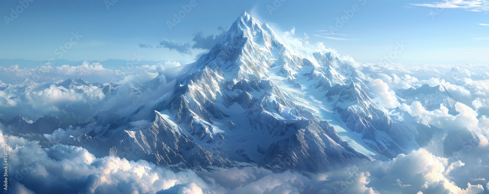 Fototapeta premium A snow-capped mountain peak piercing the clouds, its slopes covered in a blanket of fresh snow.