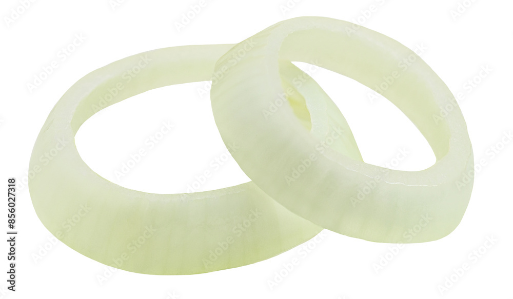  Onion rings  isolated on white background. Onion pieces side view. Macro.