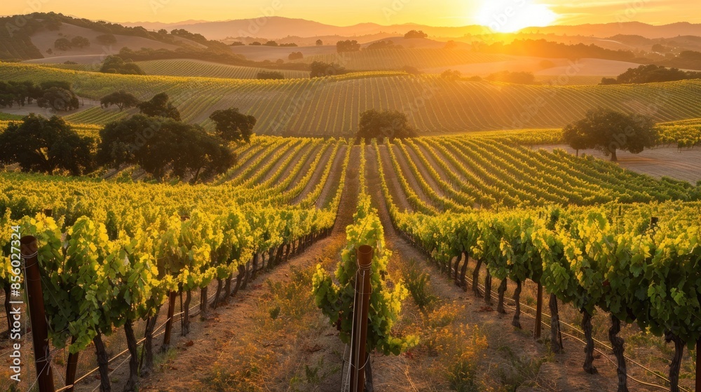 A picturesque vineyard at sunset, with rows of grapevines bathed in golden light. A picturesque vineyard at sunset, with rows of grapevines bathed in golden light.