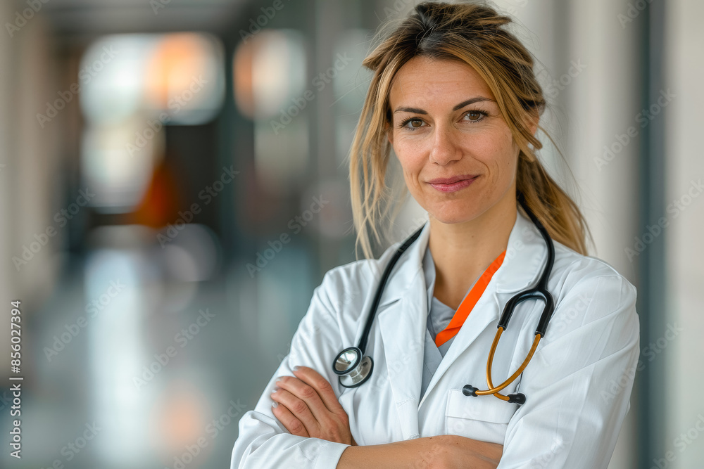 A friendly female doctor with blonde hair, standing with arms crossed in a hospital corridor, smiling confidently A friendly female doctor with blonde hair, standing with arms crossed in a hospital corridor, smiling confidently