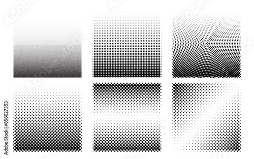 Square background set with different halftone texture. Noise gradient bundle stipple dots pattern