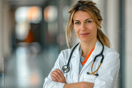 A friendly female doctor with blonde hair, standing with arms crossed in a hospital corridor, smiling confidently