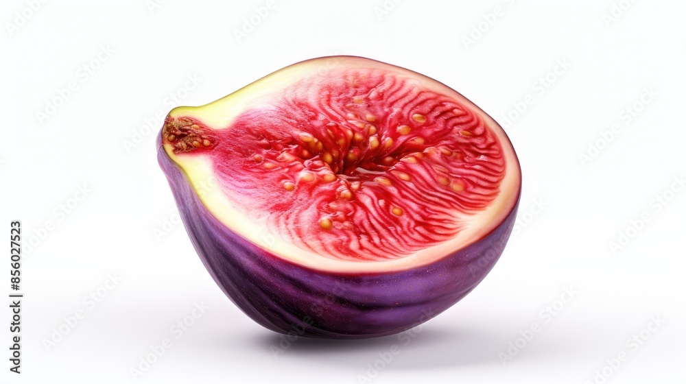 A halved fig isolated on white background. The fig has a purple skin and red flesh. The seeds are visible in the flesh. A halved fig isolated on white background. The fig has a purple skin and red flesh. The seeds are visible in the flesh.