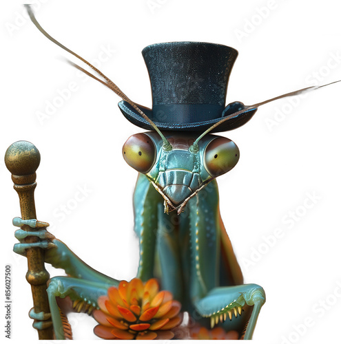 statue of a mantisce with a top hat and cane