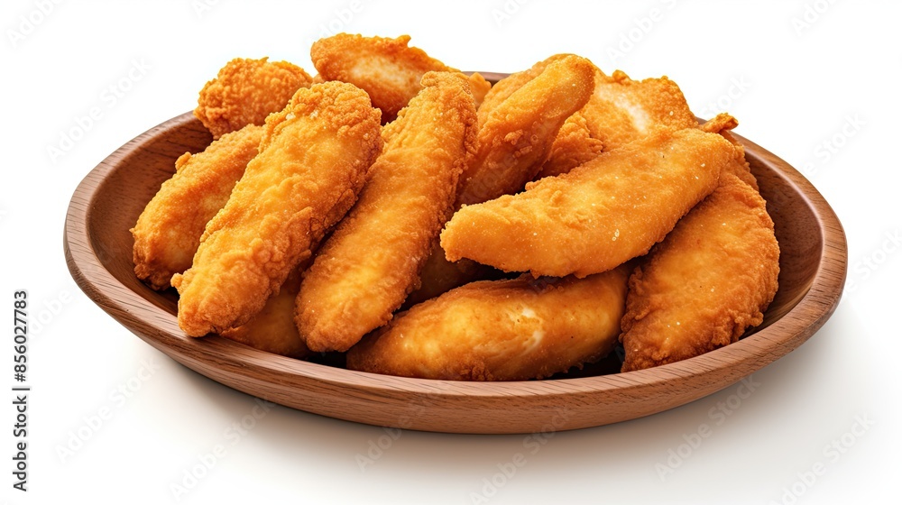 A plate of crispy chicken tenders. The tenders are made from white meat chicken and are coated in a golden brown batter. A plate of crispy chicken tenders. The tenders are made from white meat chicken and are coated in a golden brown batter.
