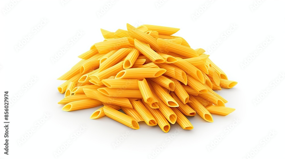 A pile of dry pasta on a white background. The pasta is a short-cut, tubular shape with a hole running through the center. A pile of dry pasta on a white background. The pasta is a short-cut, tubular shape with a hole running through the center.