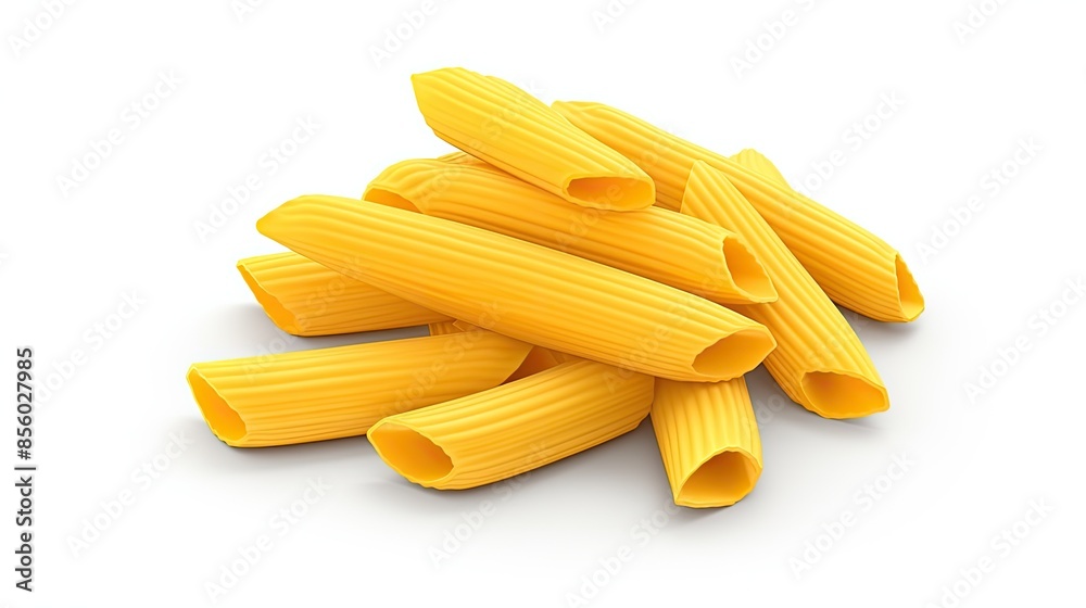 A pile of dry, uncooked, ridged penne pasta. Isolated on white background. A pile of dry, uncooked, ridged penne pasta. Isolated on white background.