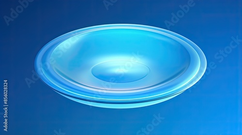 Round transparent glass bowl with blue liquid inside on blue background.