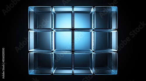 3D rendering of a blue translucent glass cube with water droplets on its surface. The cube is isolated on a black background.