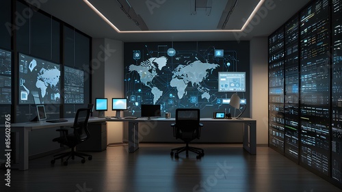 A modern office setting where multiple devices are interconnected