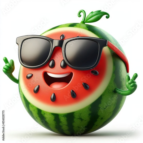 3D cartoon of a Happy watermelon fruit wearing sunglasses isolated white background