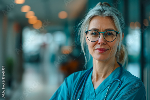 An experienced nurse with glasses and a stethoscope, standing confidently in a hospital, with a calm