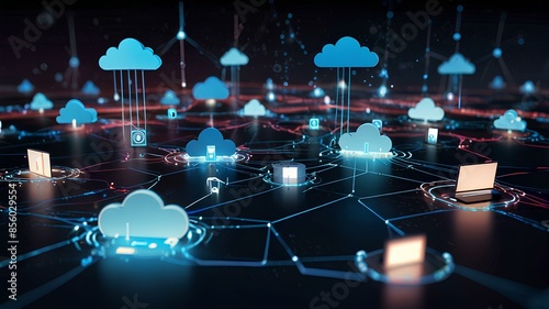 Data flows seamlessly between floating cloud icons connected by lines symbolizing data transfer