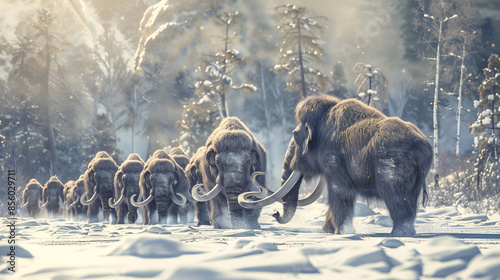 A herd of prehistoric iceage mammoths wandering trough the arctic tundra mammothhabitat
 photo