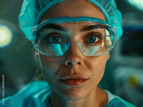 a woman wearing goggles and scrubs
