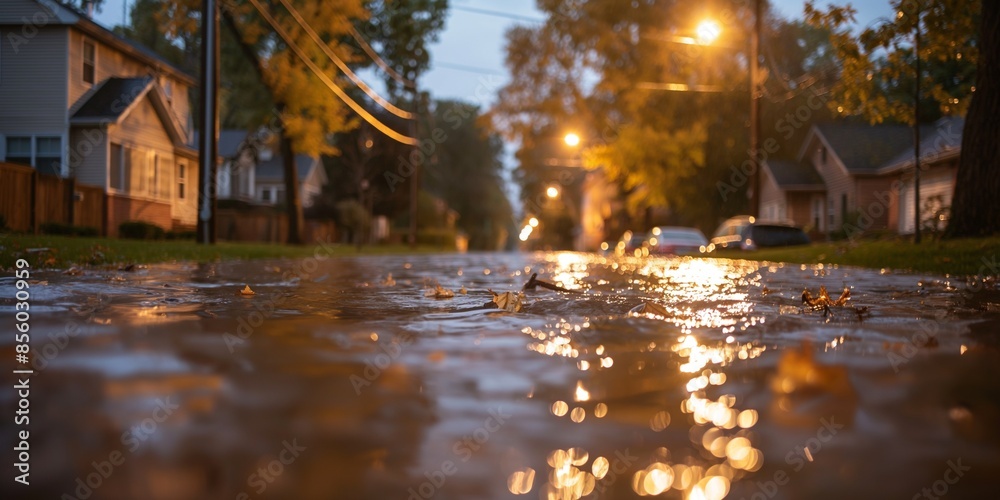 Fototapeta premium A photo of a post-apocalyptic cityscape with water, trees and debris on the streets. This illustrates the concept of environmental catastrophe, floods, climate emergency, and global warming.