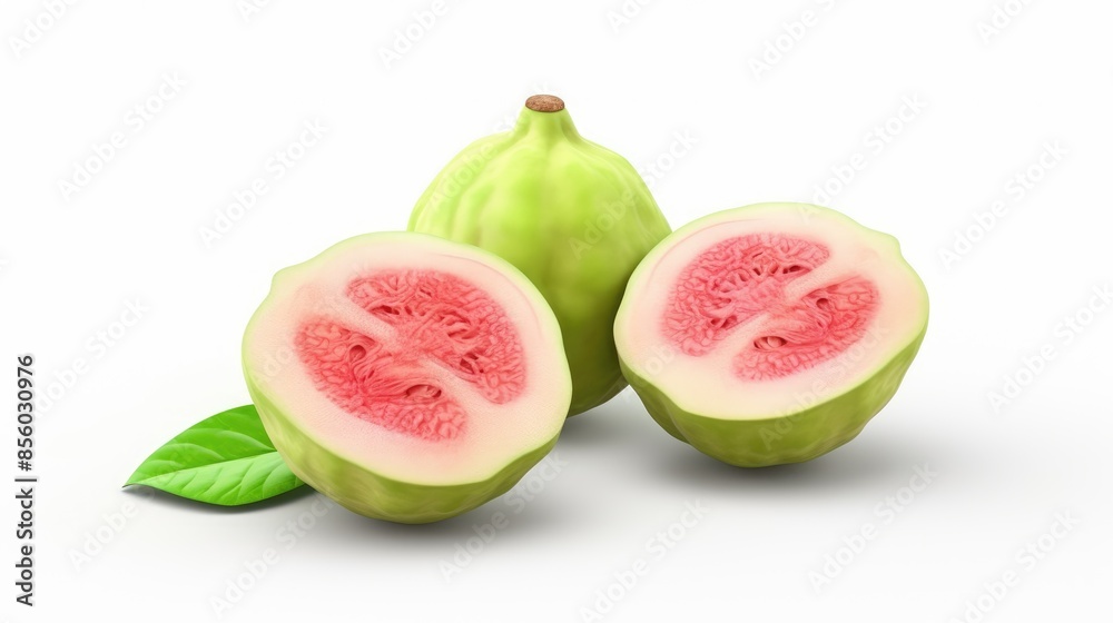 Fresh guava fruit with leaves isolated on white background. Detailed realistic 3d illustration. Fresh guava fruit with leaves isolated on white background. Detailed realistic 3d illustration.
