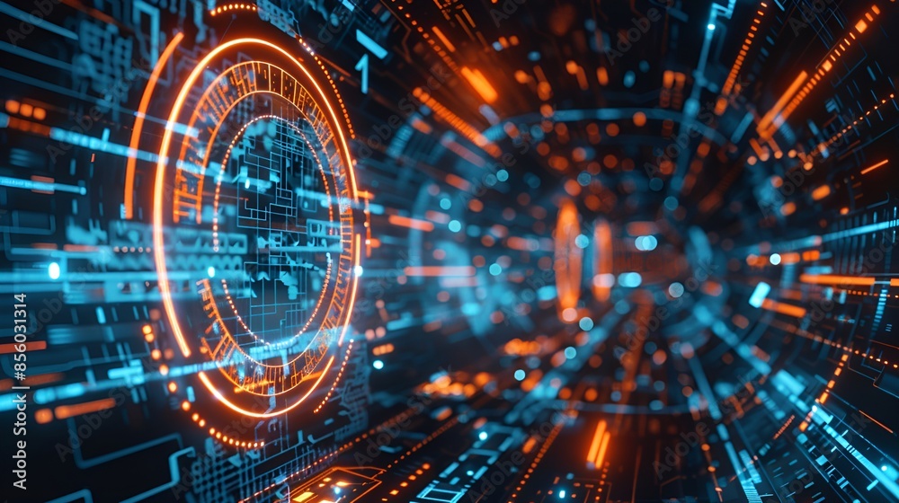 Fototapeta premium A futuristic visualization of a high-speed data tunnel, with glowing blue and orange rings, representing fast data transfer and advanced technological networks.