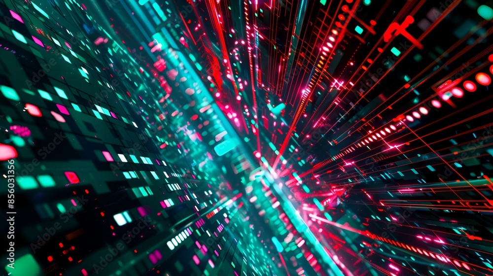 Fototapeta premium An abstract representation of a dynamic digital stream with red and green elements, symbolizing the fast-paced flow of data in a digital environment.