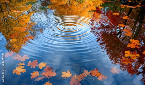 Ripples in a calm pond reflecting autumn foliage