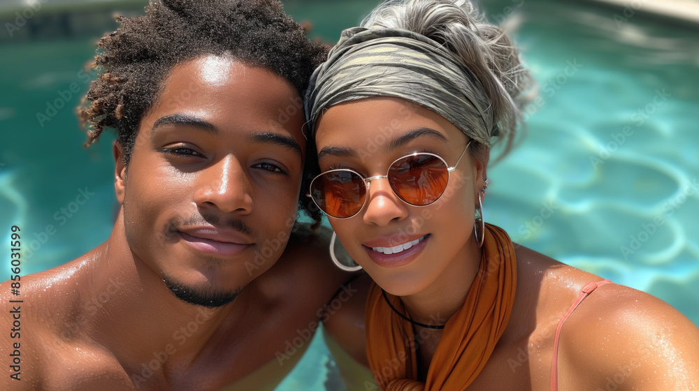 Fototapeta premium Young couple smiling and taking a selfie in the pool. Enjoying a sunny day by the water.
