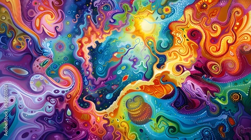 A vibrant, swirling abstract pattern with a mix of bright colors like red, yellow, green, and blue, evoking a sense of energy and creativity.