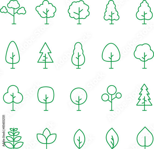 Thin line icon set of green trees in various shapes. Forest, nature, tree concept. Simple icons, flat vector illustrations. Isolated on white, transparent background