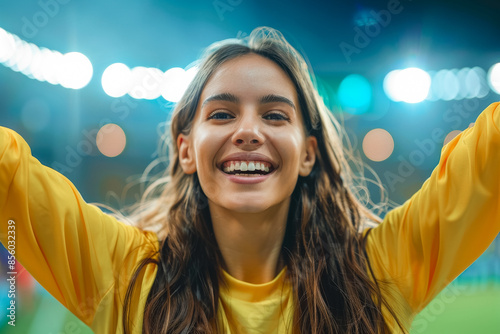 Close-up of a happy female fan wearing yellow, smiling and celebrating at a sports event