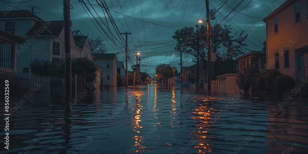 Fototapeta premium A photo of a post-apocalyptic cityscape with water, trees and debris on the streets. This illustrates the concept of environmental catastrophe, floods, climate emergency, and global warming.