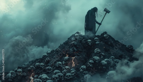 An evil demon man with a shovel stands on a mountain of skulls. Secret burial of bones. The criminal committed murder.
