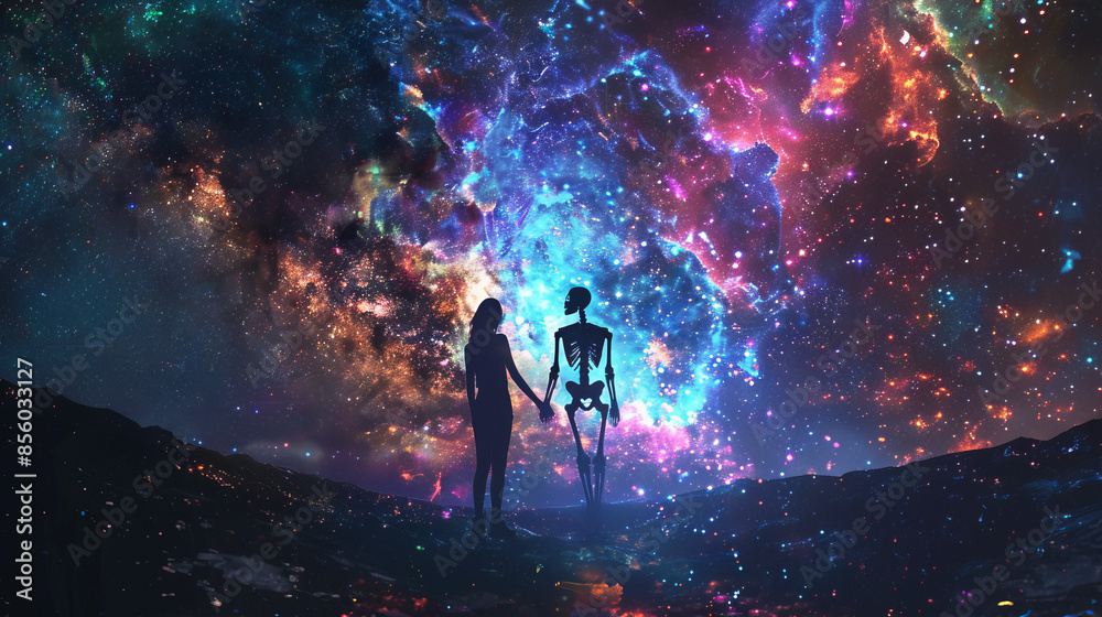 Fototapeta premium A woman and a skeleton of a man in endless space, surrounded by neon light paths and stars, reveal astral secrets.