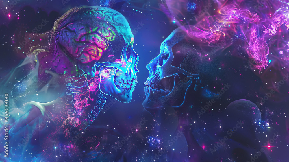  A beautiful woman and a skeleton man on a space journey, surrounded by neon paths and stars, reveal mysteries.