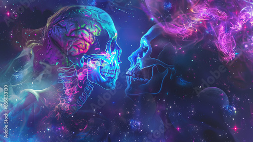  A beautiful woman and a skeleton man on a space journey, surrounded by neon paths and stars, reveal mysteries.