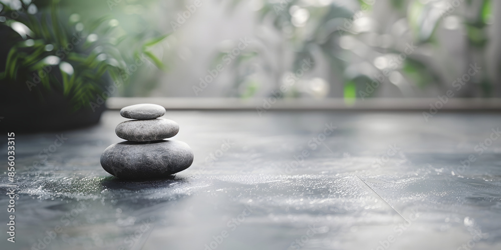Natural stone surface with a soft-focus background of a tranquil yoga studio, ideal for wellness products or meditation accessories Natural stone surface with a soft-focus background of a tranquil yoga studio, ideal for wellness products or meditation accessories