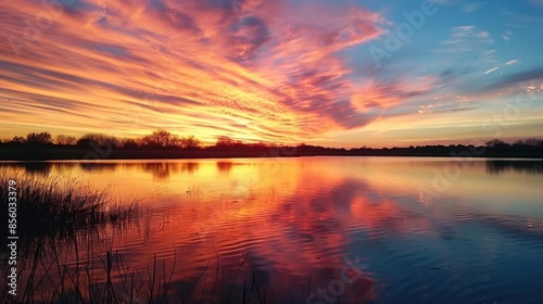 A serene sunset over a tranquil lake, with vibrant colors reflecting off the water. -