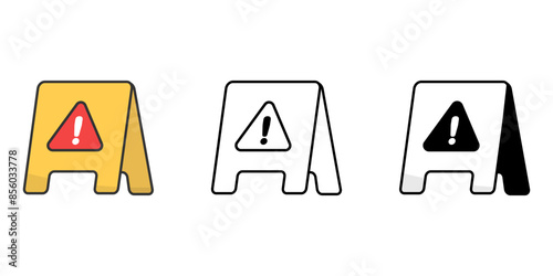 Warning sign icons set. Floor standing symbol isolated background. silhouette icon, caution wet floor stand, safety board outline, SVG vector illustration.